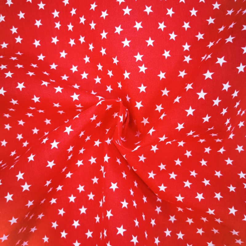 Star Print Polycotton - White Stars on Red